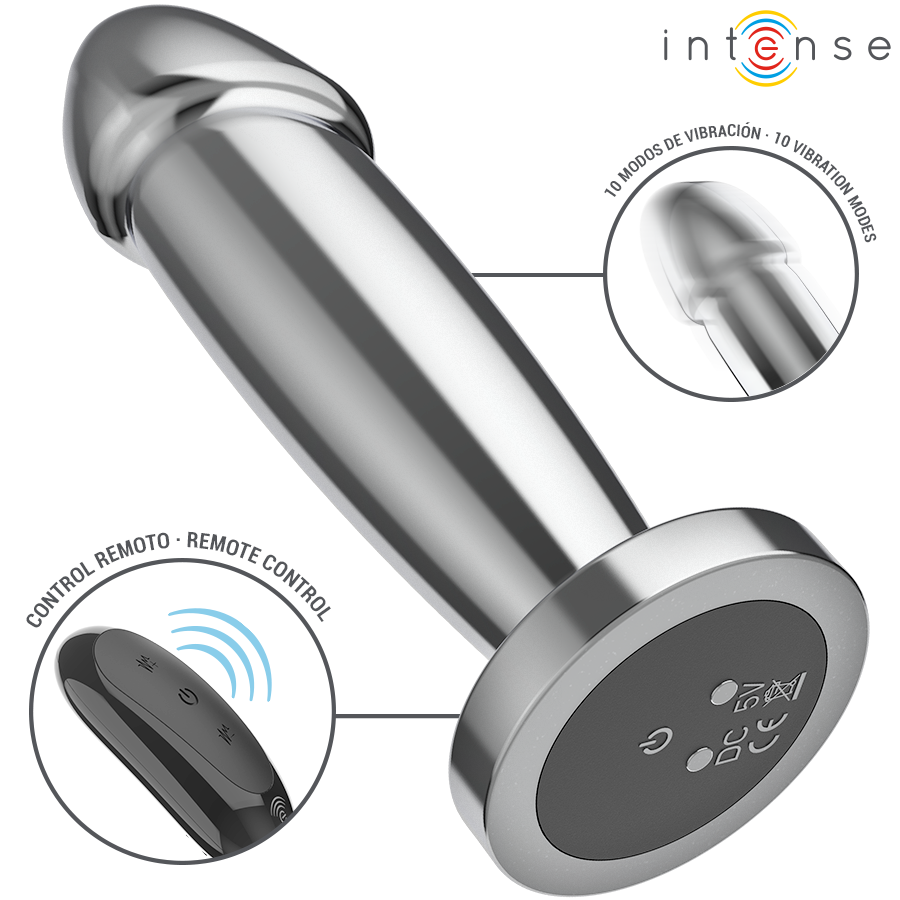INTENSE - PLUG ANAL 10 VIBRACIONES METAL EN FORMA DE DILDO CON CONTROL REMOTO